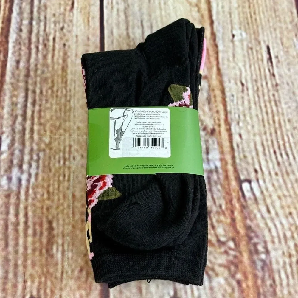Kate Spade Crew Socks 3 Pairs Leopard Cheetah Rose Flowers Shimmer Sparkle OS